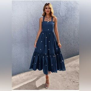 SHEIN Tiered Navy Floral Embroidered Halter Cross Back Summer Dress size XS